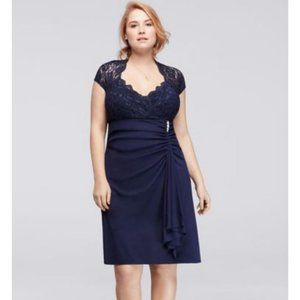 Betsy & Adam Lace Sleeve Navy Blue Sheath Shift Cocktail Dress 4P Open Back.